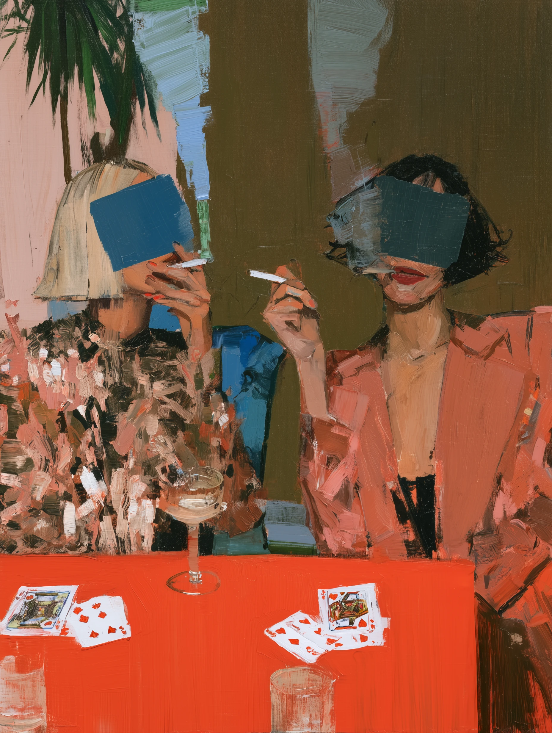 Two women smoking and playing cards at a vermilion table
