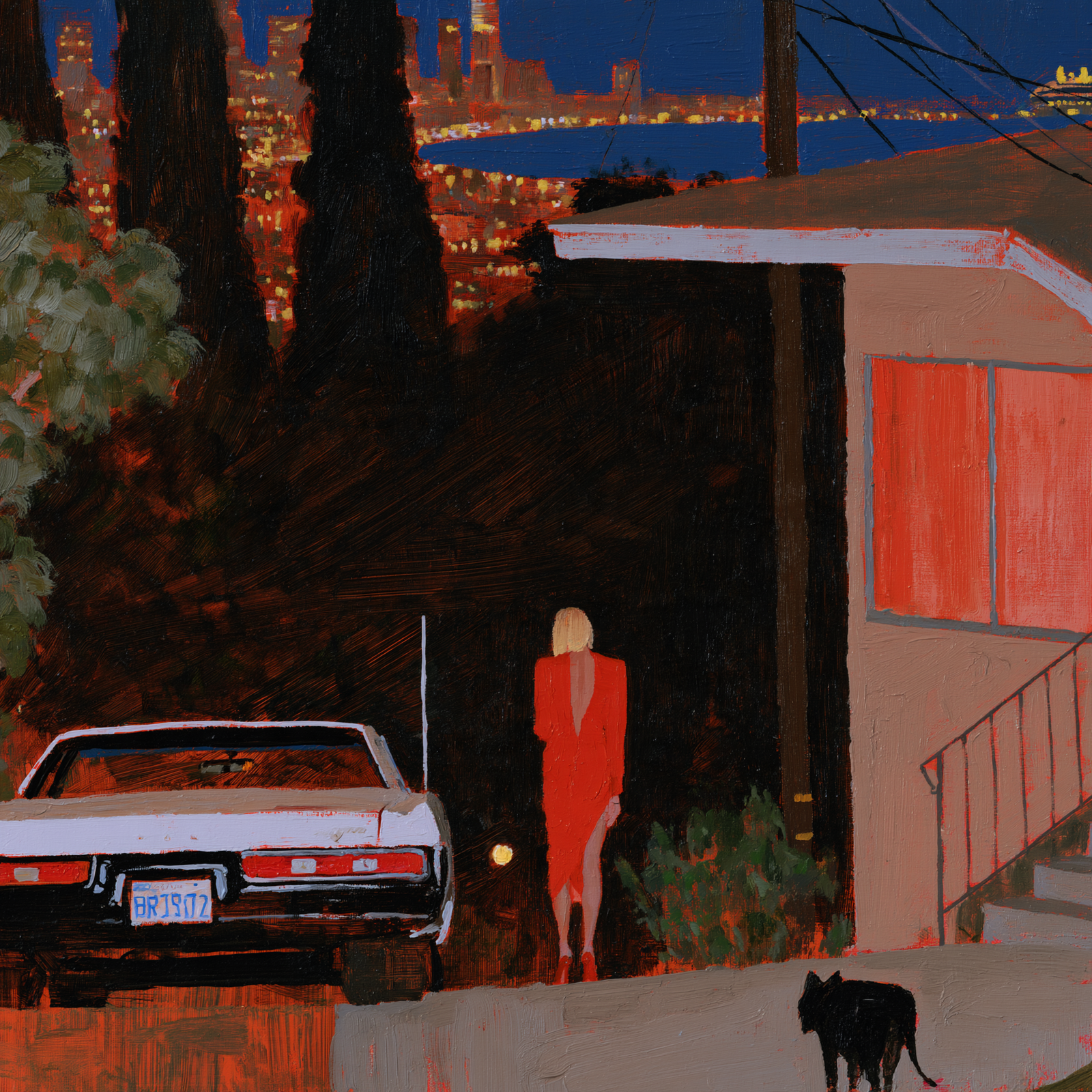 A woman in red beside a white car overlooking the illuminated city