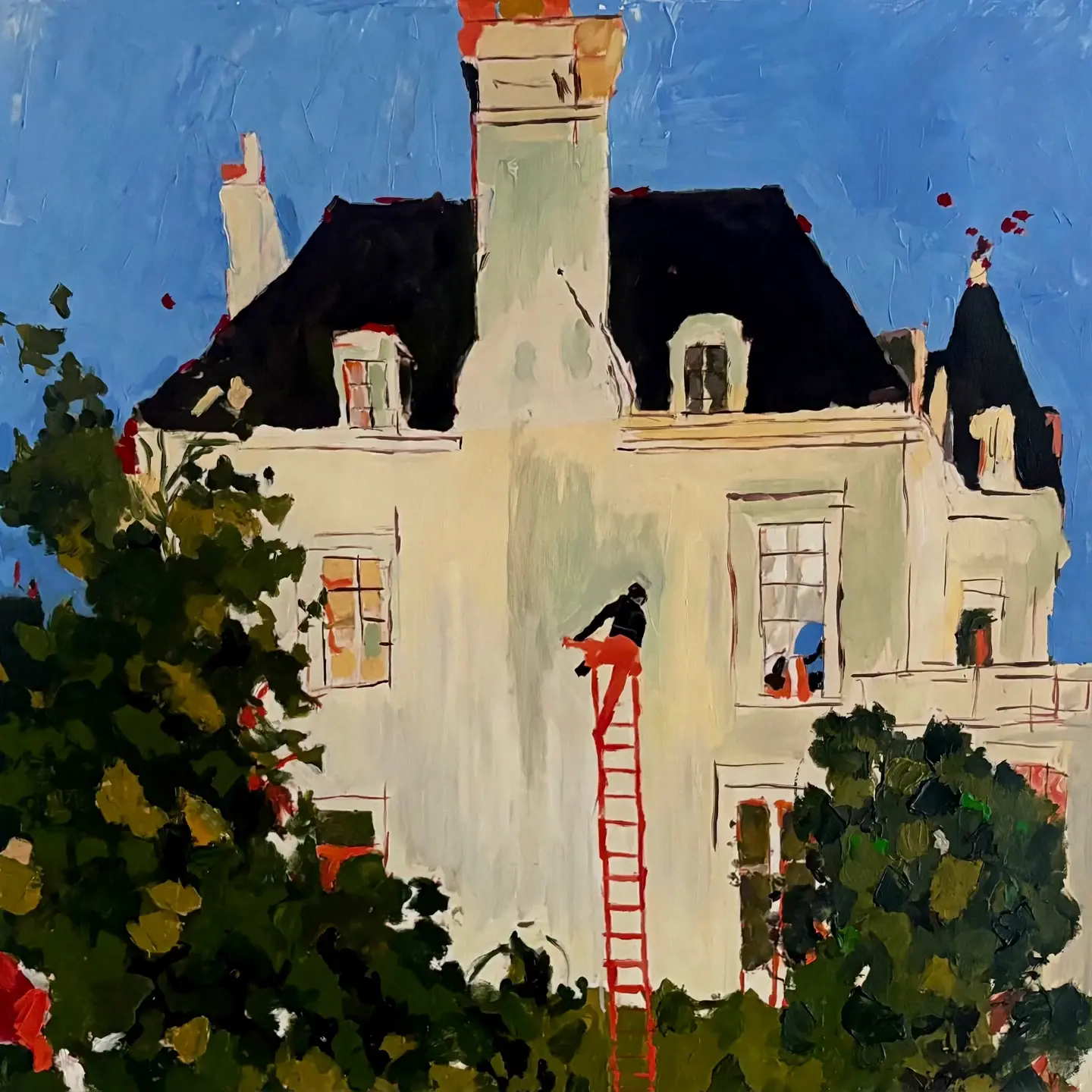 A painter on a red ladder working on a grand house surrounded by trees