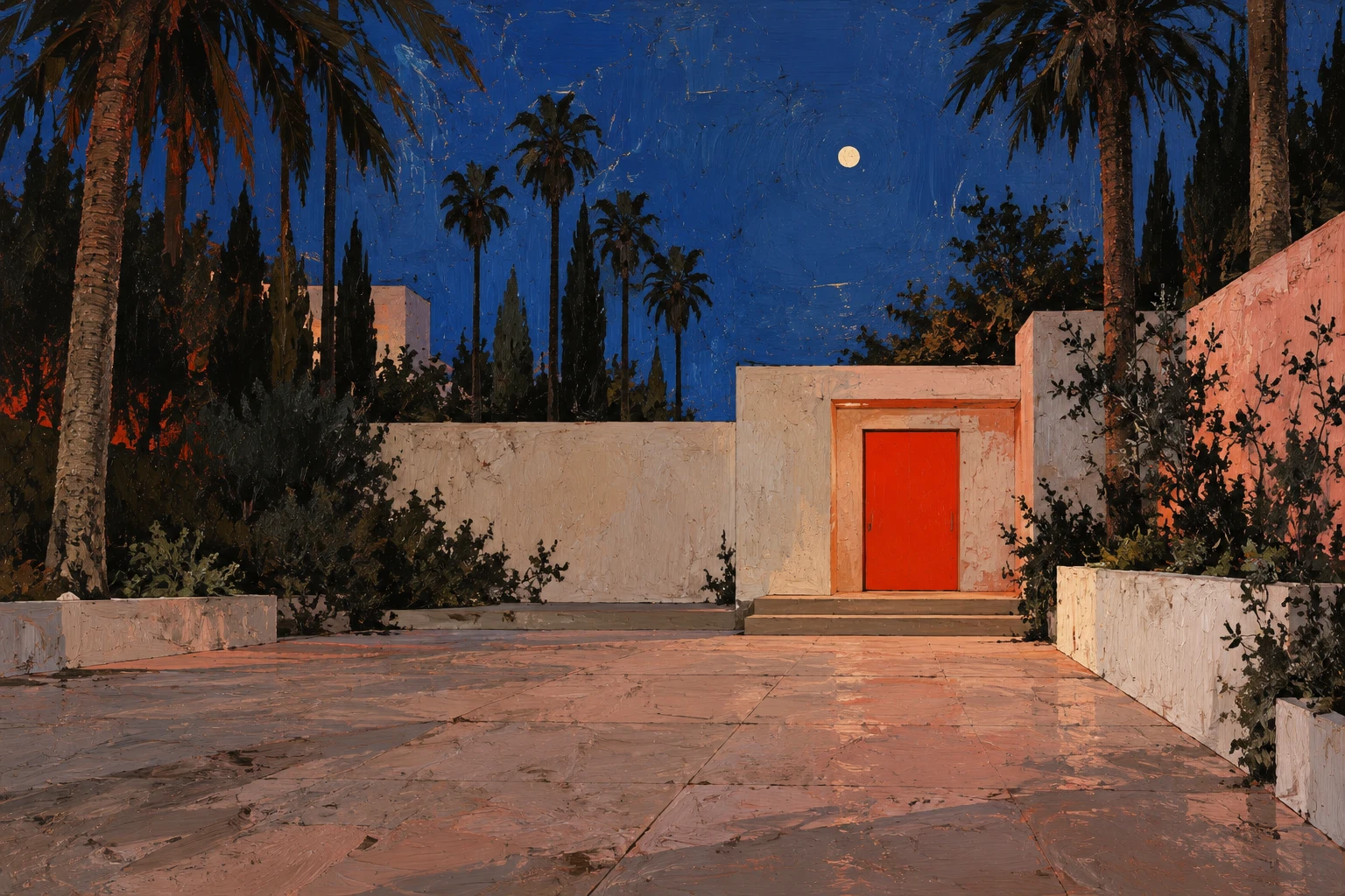 A painted moonlit courtyard with palms and a vermilion door